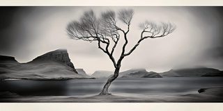 A bare tree on a low shore leaning out over still water, soft mountains beyond.