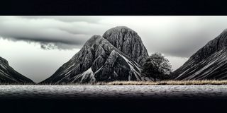 A great dark pyramidal mountain streaked with snow under a heavy sky.