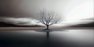 A single bare tree in a vast expanse of pale still water, almost nothing else.