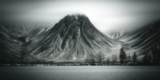 A dark mountain rising over a plain, a small living thing at its foot.