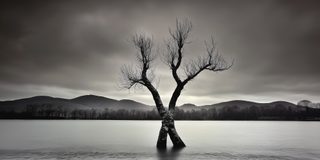 A lone bare tree standing apart on open ground under a wide sky.