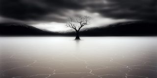 A small tree at a shoreline where pale light gives way to a dark sky.