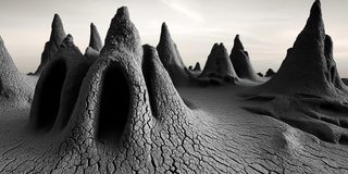 Jagged spires of dark sand or mud left standing by the receded tide.