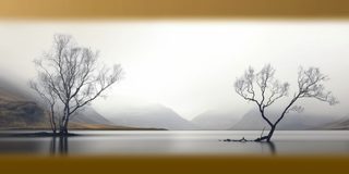 Two trees on opposite shores across a stretch of pale golden water.