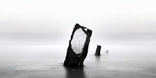 A dark root-monolith stranded in misty water, a bright pale wound in its side.