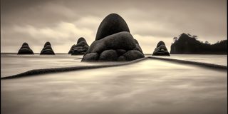 Large rounded dark boulders rising from pale misty water, a low spit of stone leading toward them.