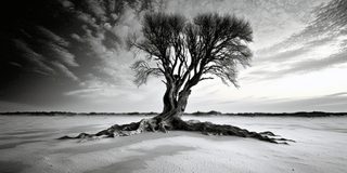 A bare tree raised on a mound of exposed roots, like a throne of roots.