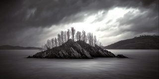 A small dark island holding the last of a forest under a dramatic sky.