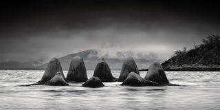 A cluster of dark rock stacks gathered in the water near a misty shore.