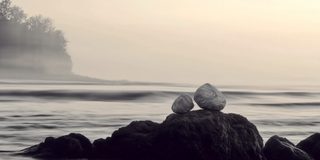 Two smooth marbled stones come to rest together atop a dark rock, misty sea and a far wooded point beyond.
