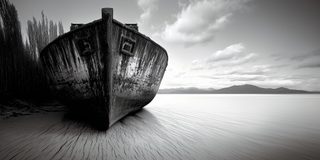 A grounded boat run up on a beach under a dramatic sky.
