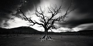 A large rooted tree on a dark rise, a figure all but grown into it.