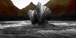 A wrapped, nameless form risen in the dark of a mountain valley.