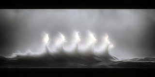 Pale glowing forms rising from dark water like figures come up out of it.