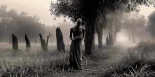 A lone veiled figure among standing stones in the cold mist.