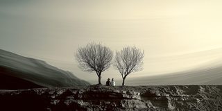 Two small figures beneath two trees on a ridge in the last misty light.