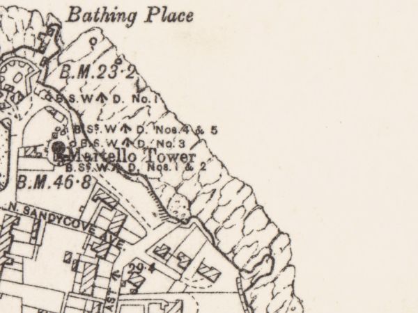 The six-inch sheet's rocky Sandycove shore, Martello Tower printed beside the Bathing Place