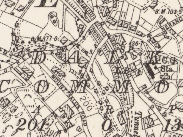 Dalkey's ground with the townland's own spread letters across it, Mount Salus Road and Nerano Road named, the station and the tunnel beside them