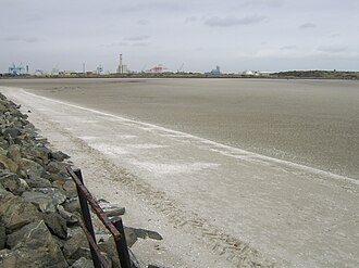 a wide expanse of wet ribbed sand under an overcast sky, shallow water lying in the ridges, a low industrial skyline on the far horizon