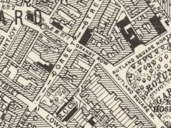 The street grid at Dorset Street, the letters spread along the street's own axis, Granby Row and Dominick Street beside it