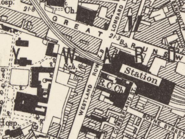 Westland Row printed full-length between the station and the church