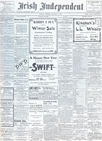 the folded front page of a broadsheet newspaper, masthead across the top, columns beneath