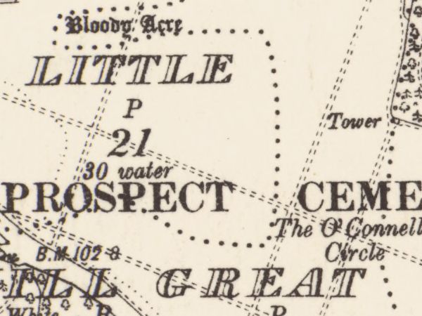 Prospect Cemetery's grounds with The O'Connell Circle and the Tower printed inside them