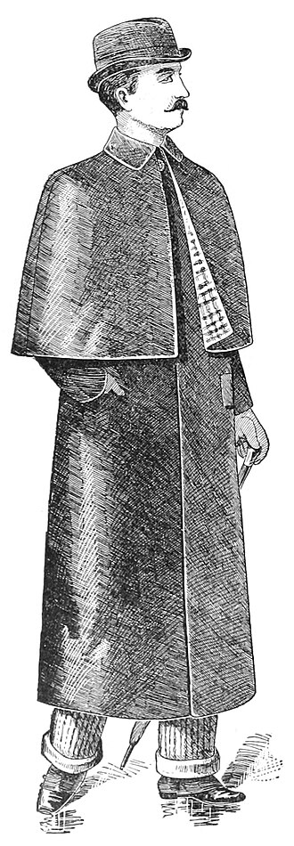 a long pale gabardine raincoat, buttoned, belted at the waist, hanging full length