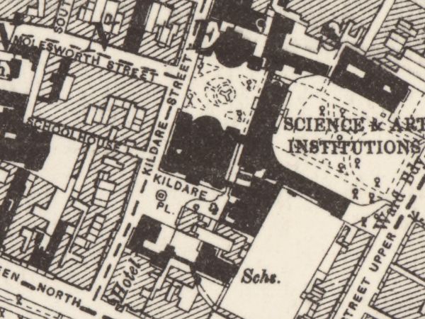 Kildare Street printed along the street with the Science and Art Institutions block beside it