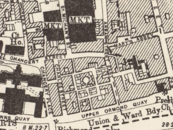 Upper Ormond Quay printed along the north bank, Chancery Street and Mary's Abbey behind it