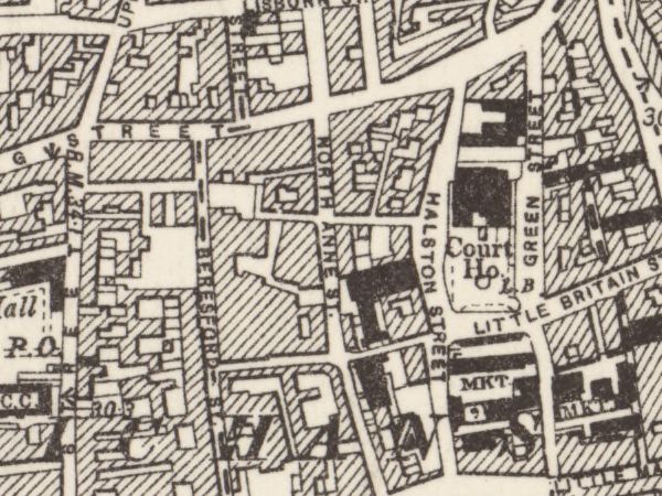 Little Britain Street printed beside the courthouse block and Green Street