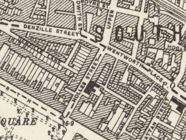 Holles Street printed full-length with Denzille Street crossing and Merrion Square at its foot