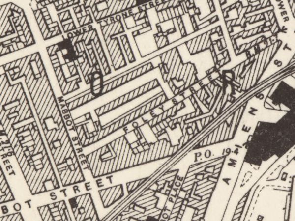 Mabbot Street printed at the Talbot Street corner, Foley Street beside it