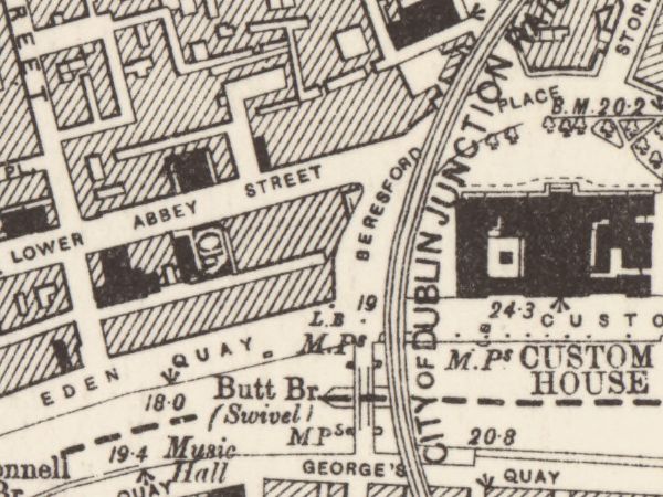 The river with Butt Br. (Swivel) printed on it, the loop-line viaduct beside it and the Custom House east