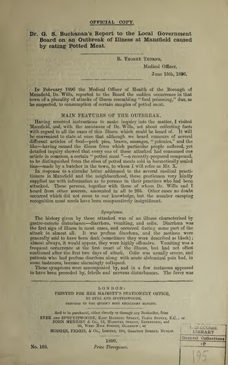 a printed title page, a line of spaced capitals at the head, dense letterpress beneath it, an inked oval ownership stamp and a handwritten numeral at the foot