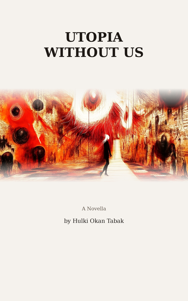 Utopia Without Us, by Hulki Okan Tabak. A pale cream cover: a single human silhouette walking into a corridor of fiery red-orange faces and writing, the title in a near-black serif above.