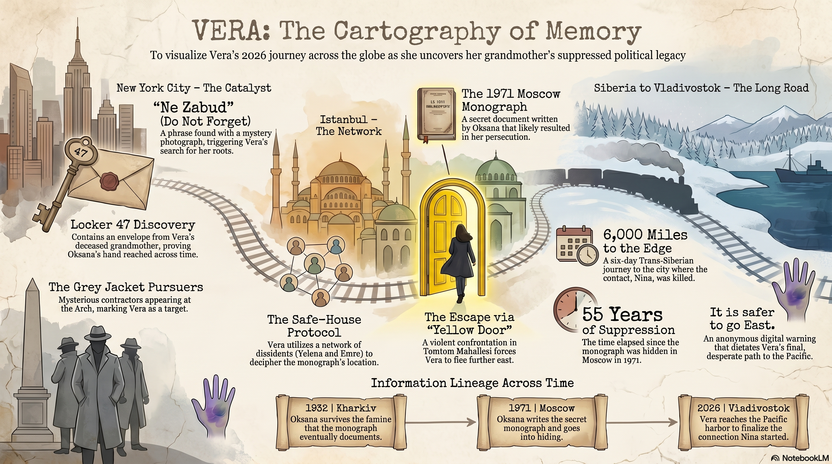 NotebookLM-generated cartographic illustration visualizing Vera's 2026 journey across the globe, with annotated stops at New York, Istanbul, Siberia, and Vladivostok and an information-lineage scroll across the foot of the chart.