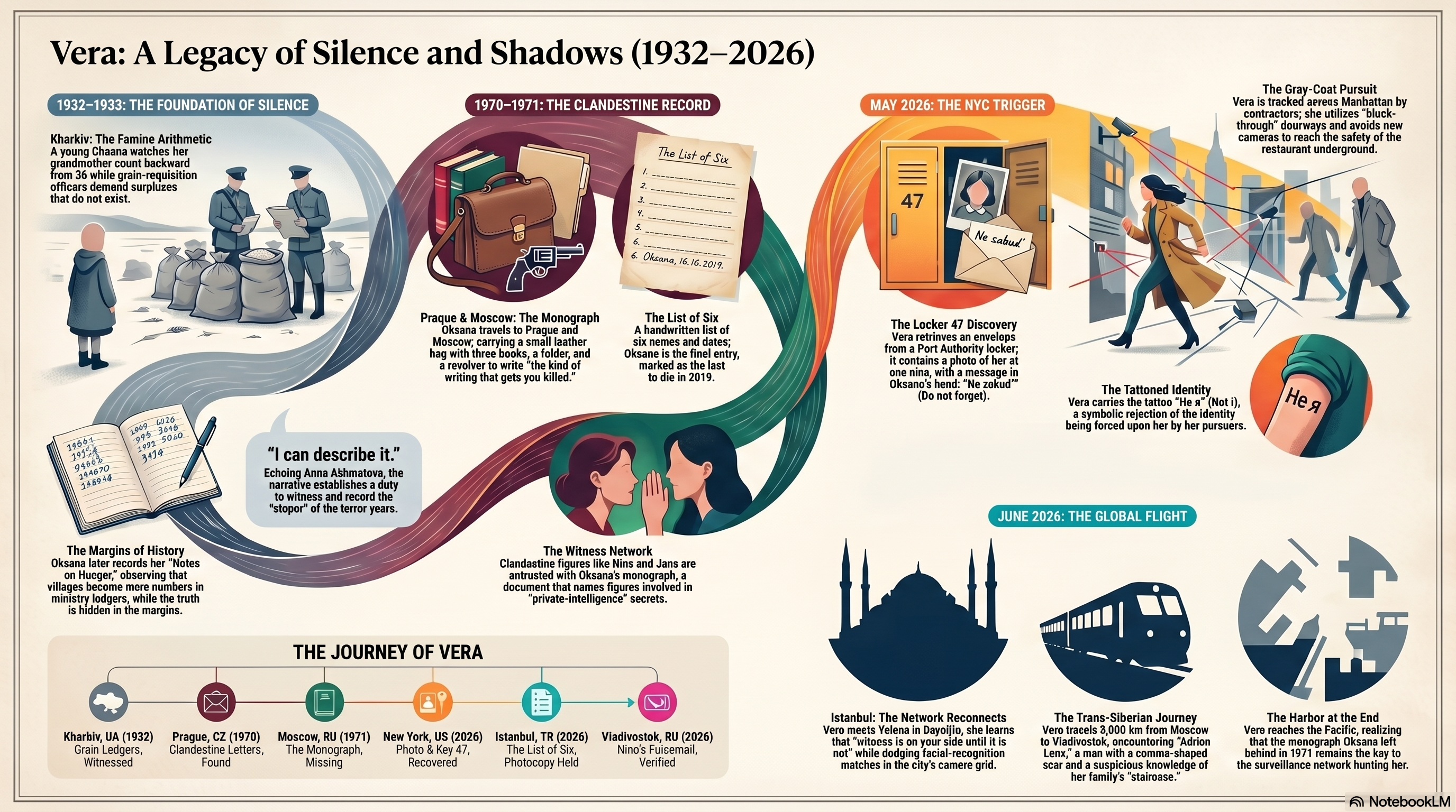 NotebookLM-generated infographic on silence and shadow motifs across the novel, including the Holodomor ledger margins, the clandestine 1971 monograph, the May 2026 NYC trigger, the Manhattan pursuit, and the June 2026 global flight.