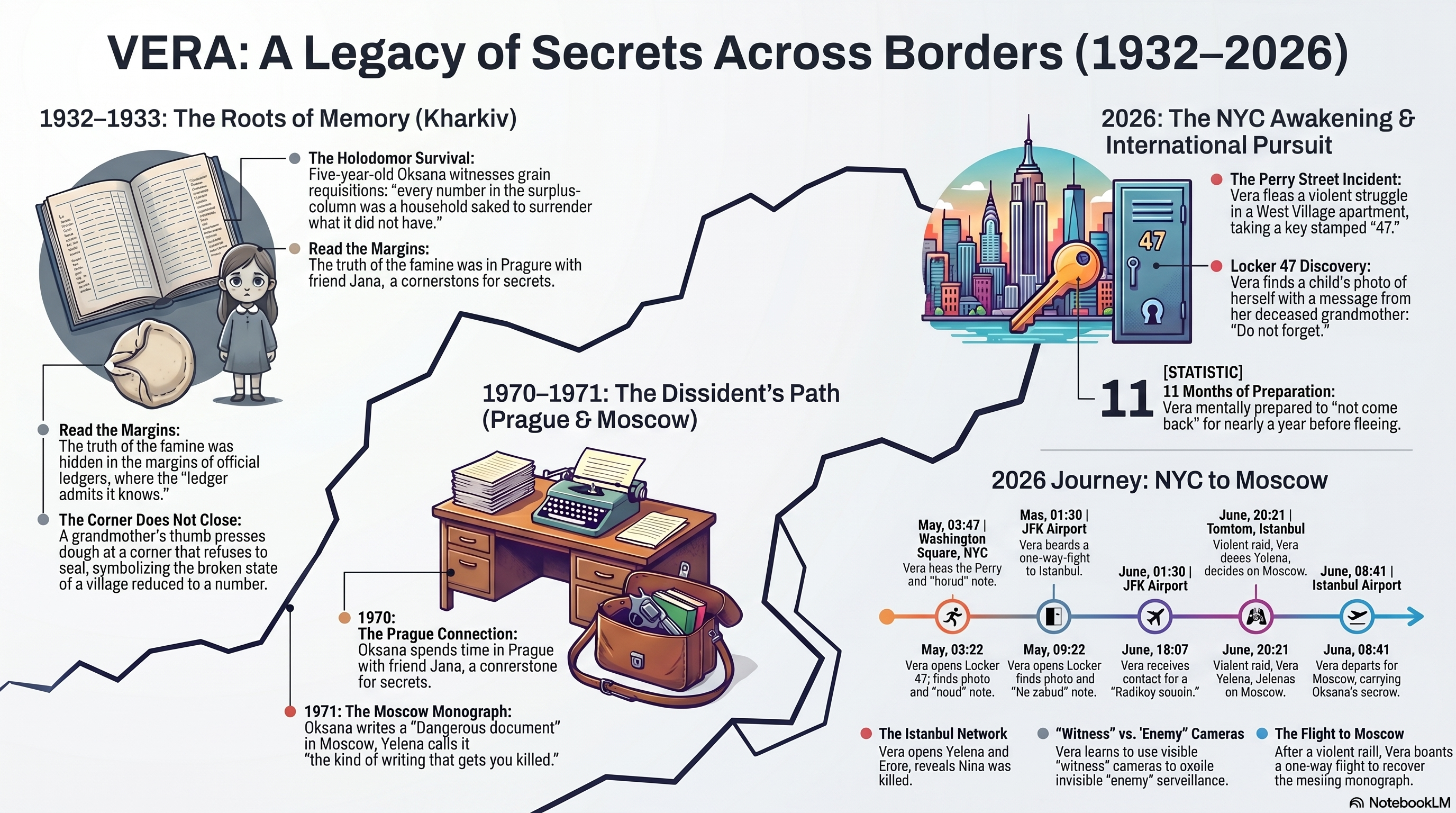 NotebookLM-generated chart visualizing a generational legacy of secrets across borders, with historical roots on the left and Vera's 2026 international pursuit on the right.