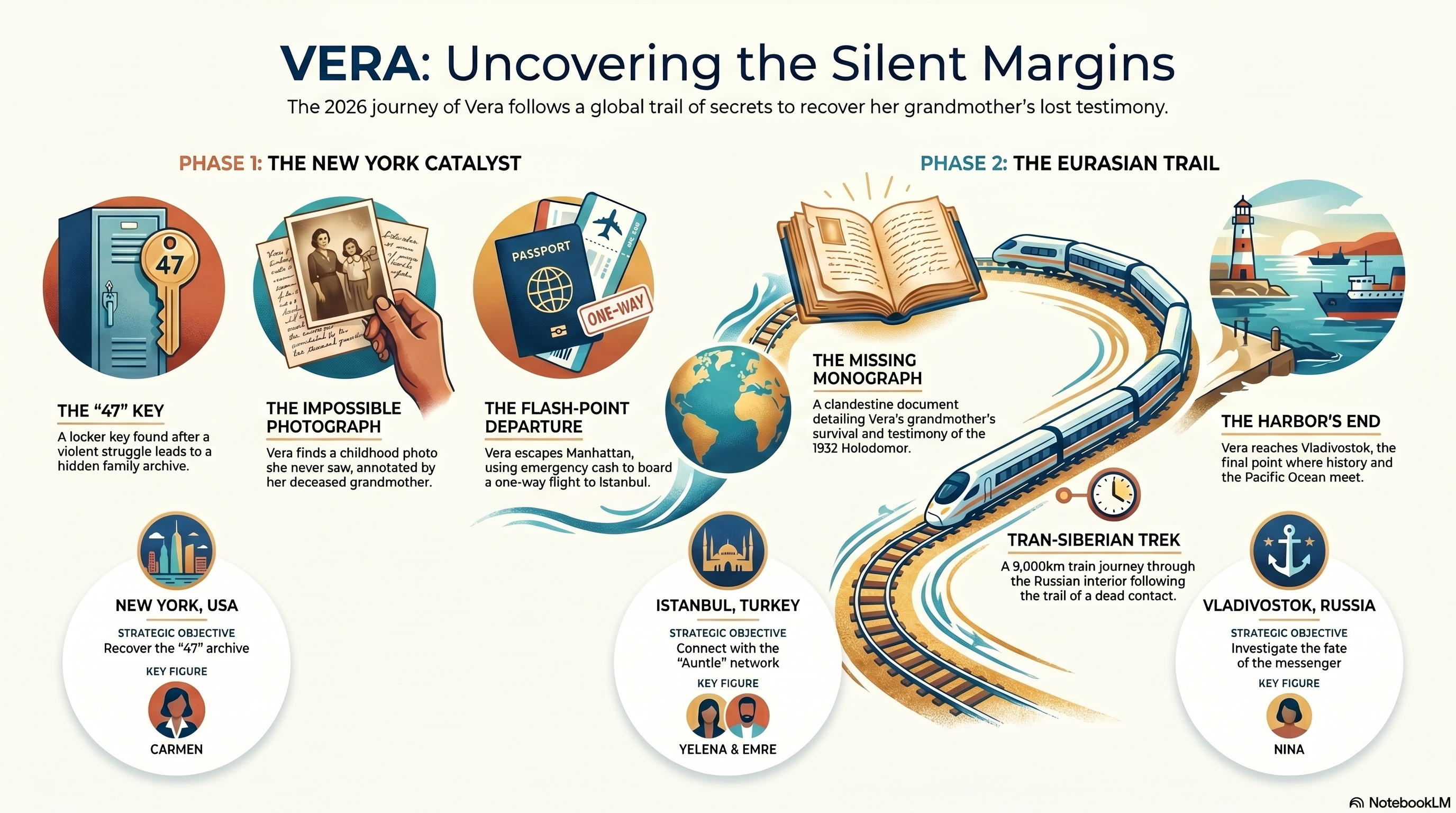 NotebookLM-generated diagram showing the novel's 2026 journey in two phases — the New York catalyst and the Eurasian trail — anchored to the key figures and strategic objectives at each location.