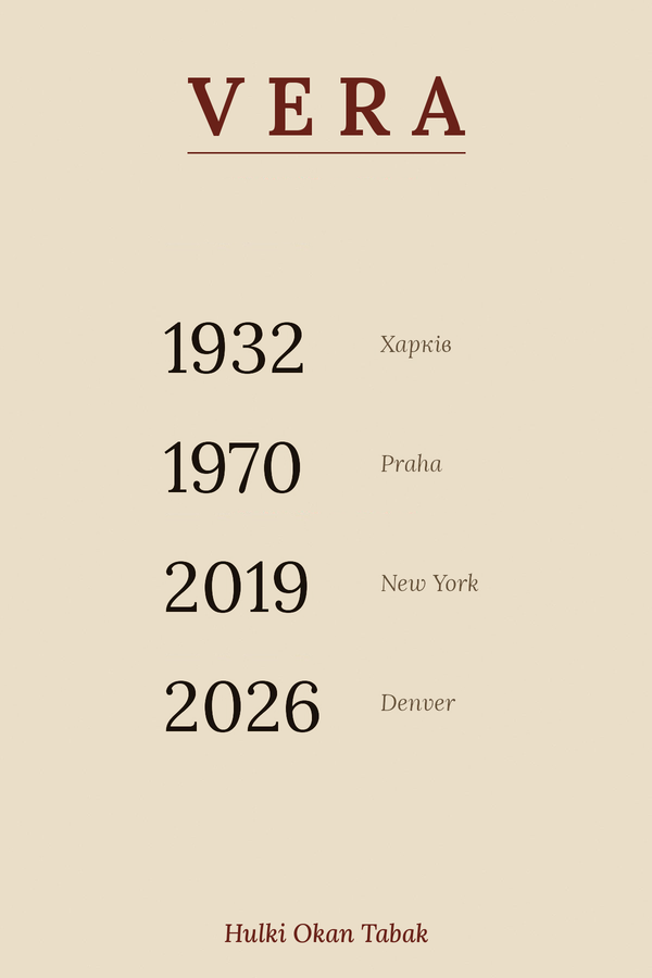 Vera, by Hulki Okan Tabak. Front cover on cream ground: the title Vera rendered in dark serif at upper center, with the four-city date-stack below — Харків 1932, Praha 1970, New York 2019, Denver 2026 — the two European cities in their native scripts. The composition is austere, typographic-only, no imagery; brick-red is reserved for the back cover.